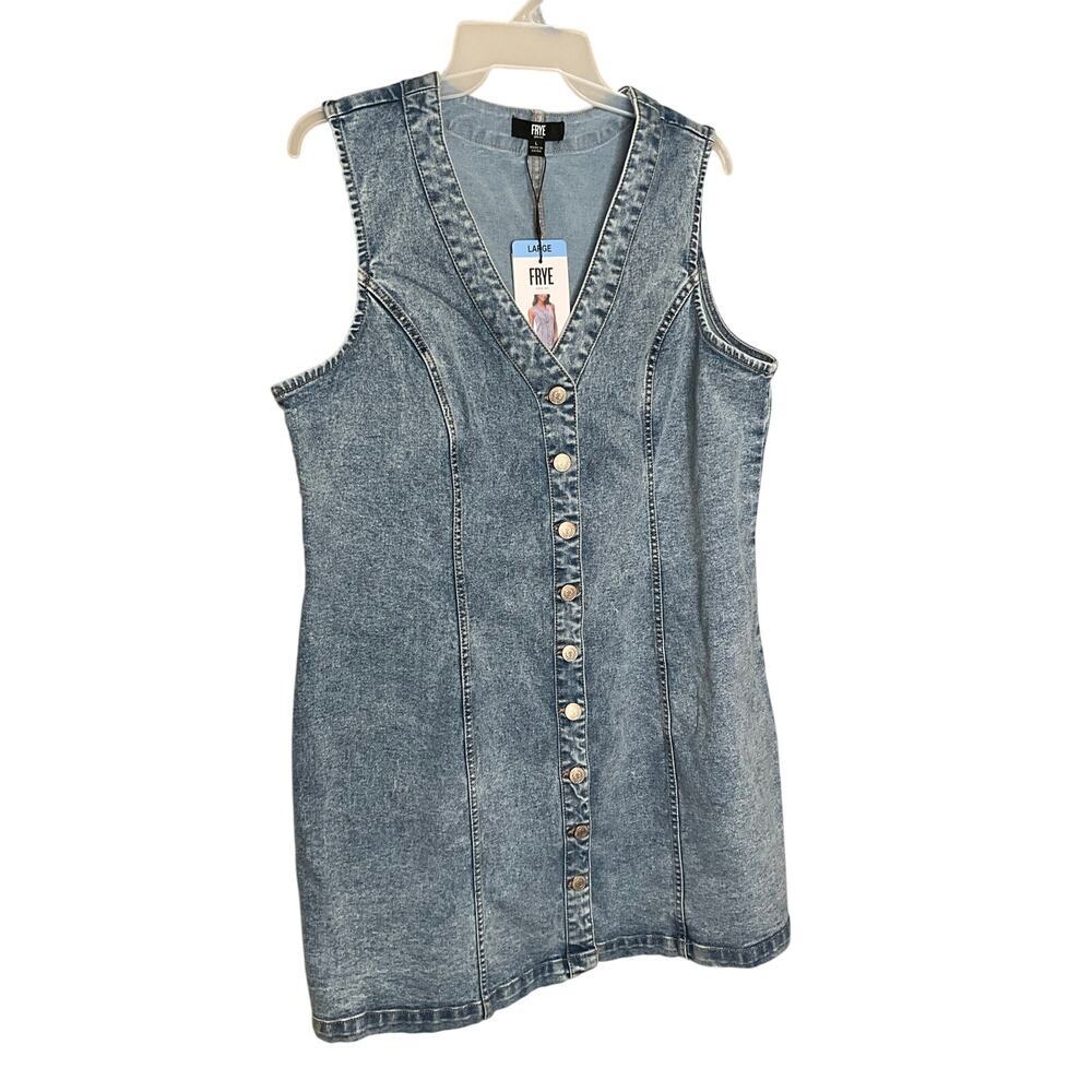 Frye Denim Mini Dress Button-Up Sleeveless Light Wash Blue Womens Size L NWT